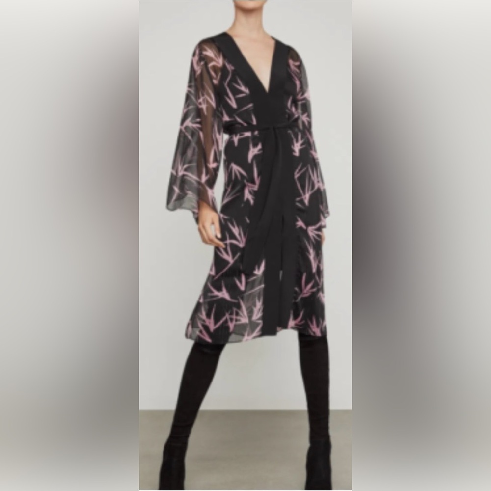 BCBGMaxAzria Boho Sheer Flowy Bamboo Print Kimono Robe Beachy Pink Black Medium